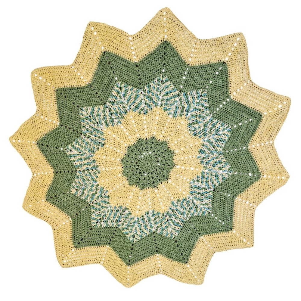 HANDMADE Crochet 12 Point Star Softee Baby Blanket Afghan Yellow Green 49 In NEW